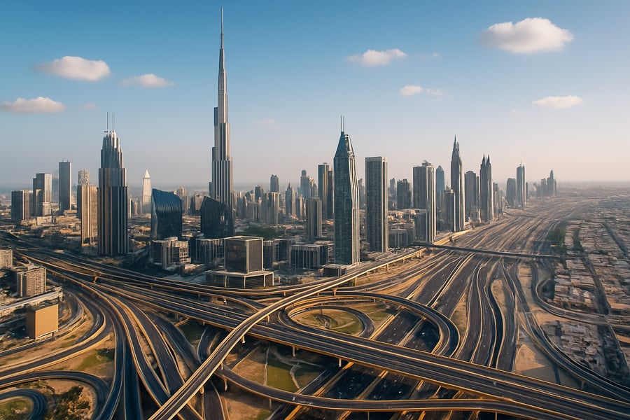Dubai skyline with major highways and toll roads